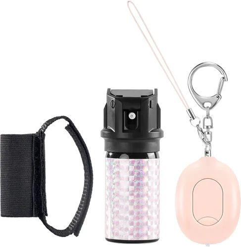 Alarma de seguridad personal 3 en 1 con gel en aerosol de pimienta, llavero de defensa personal para mujer, alarma de parada de puerta de hotel de