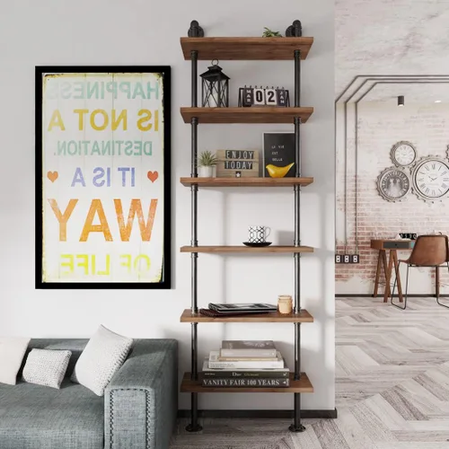Miniatura 5 de Estantería industrial de tubería rústica con escalera de pared, estante de almacenamiento para sala de estar, cocina, oficina (6 niveles)