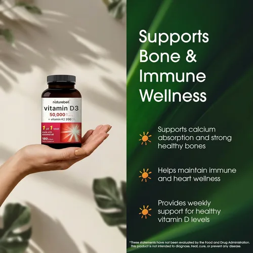 Miniatura 4 de NatureBell Vitamina D3 50,000 UI con Vitamina K2-180 Cápsulas blandas – Apoyo óseo e inmunológico de alta potencia* – Fácil absorción con aceite