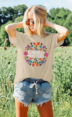 Miniatura 7 de Camisetas de profesor para mujer, camiseta con texto en inglés "Be Kindness", camisetas de salud mental, camiseta bohemia con gráficos florales