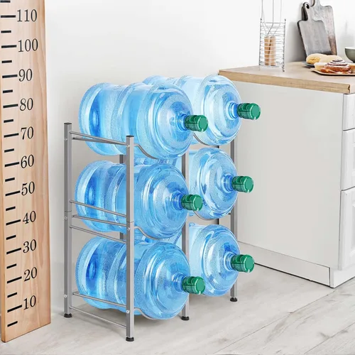 Miniatura 5 de LIANTRAL Soporte para botellas de agua de 5 galones, estante de 3 niveles plateado de doble fila resistente para enfriador de garrafones con 6