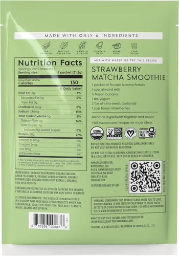 Miniatura 8 de Truvani Proteína vegana de guisante en polvo Matcha 0.71 oz de proteína orgánica a base de plantas 1 porción Keto Sin gluten y lácteos