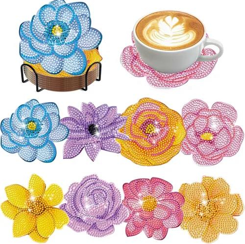 Miniatura 11 de DOTZSO Juego de 8 posavasos de arte de diamante con soporte, kits de arte de diamantes para adultos principiantes, pequeños posavasos de pintura