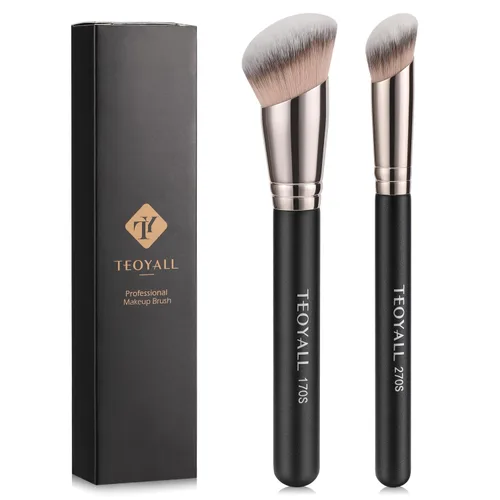 TEOYALL Juego de brochas para base y contorno, 2 piezas, brocha kabuki sintética en ángulo para mezcla, fijación, ocultación, pulido con cosméticos