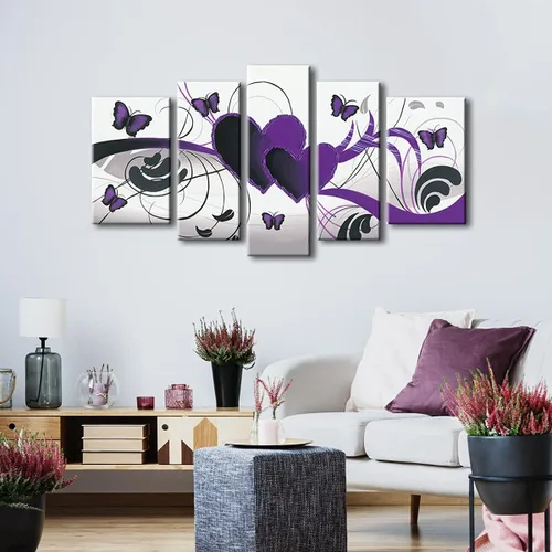 Miniatura 5 de Wieco Art - Juego de 5 cuadros modernos 100 % pintados a mano; estirados y enmarcados; abstractos y románticos, de temática de mariposas y amor