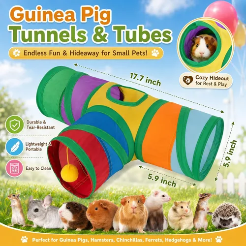 Miniatura 2 de Rypet Túnel de conejillo de indias plegable de 3 vías para mascotas pequeñas y tubos con bola interactiva para bebé, conejo, hurón, hámster, Arcoíris