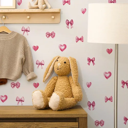 Miniatura 6 de Arawat 48 piezas de decoración de moño rosa para baño y dormitorio, calcomanías de pared de lazo y calcomanías para decoración de habitación