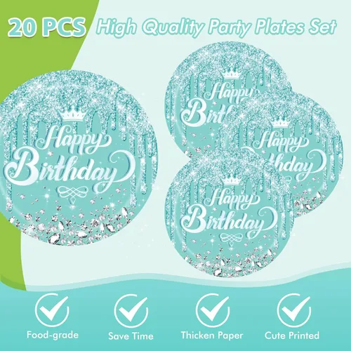 Miniatura 3 de Juego de vajilla de 41 piezas en color teja y plateado para decoración de mesa de feliz cumpleaños, tema de cumpleaños azul, platos de postre, Verde