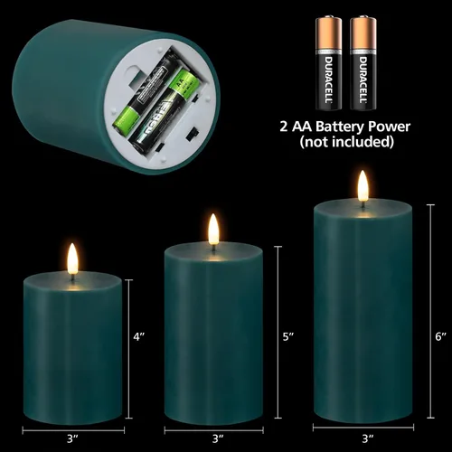 Miniatura 2 de Velas sin llama azules de pilar con control remoto, velas parpadeantes de Navidad LED de cera operadas por batería, juego de 3 unidades Verde