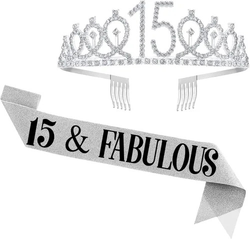 Juego de banda y tiara de cumpleaños de 15 años, banda y corona de cumpleaños de 15 años, regalos de feliz cumpleaños 15 para suministros y