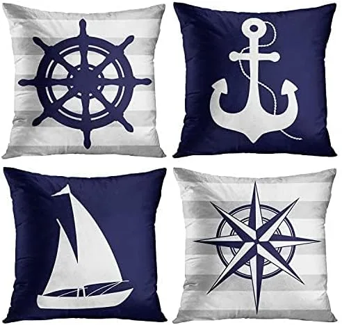 Emvency Juego de 4 fundas de almohada decorativas de verano, náutica, costal, azul marino, blanco y gris, diseño de timón, ancla, barco, estrella,