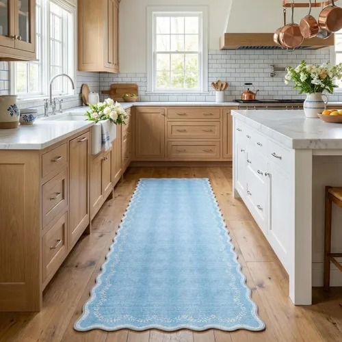 Miniatura 95 de GarveeHome Alfombra de entrada festoneada, 2 x 3, color azul sólido, lavable, alfombra floral para entrada interior, alfombra floral antideslizante