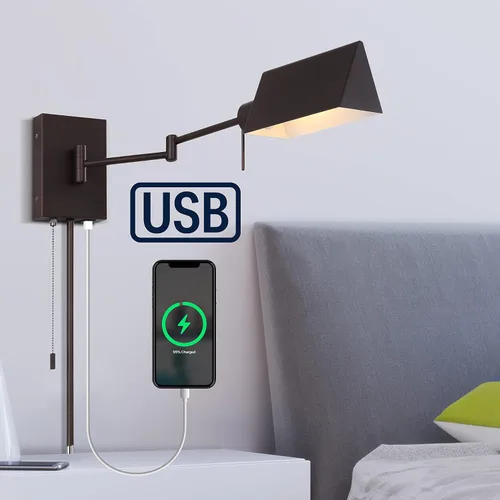 Miniatura 2 de JONATHAN Y Aplique de pared con brazo oscilante dorado de latón de 22 pulgadas, enchufable o cableado con puerto de carga USB y cadena de tracción