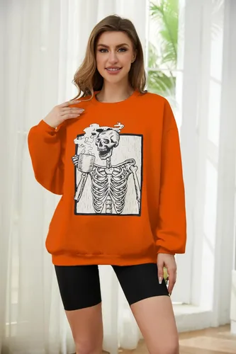 Miniatura 2 de Meladyan - Sudadera de forro polar con estampado de calavera de Halloween de gran tamaño, cuello redondo, manga larga, hombros caídos
