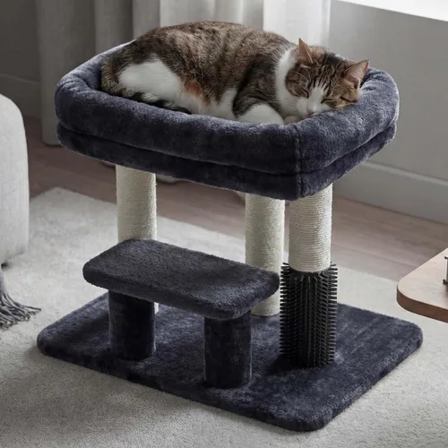 Miniatura 16 de Heybly Poste rascador para gatos, torre de árbol pequeño para gatos con 3 postes de sisal completos, cama de felpa extraíble, cepillo de aseo