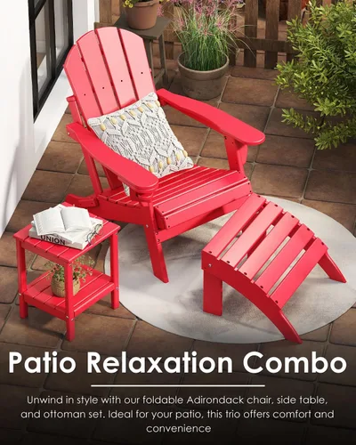 Miniatura 5 de GREENVINES Juego de 2 sillas plegables Adirondack Plástico HDPE Silla para hoguera Todo clima Portavasos Rojo para terraza, patio