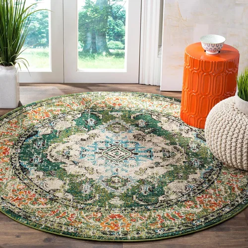 Miniatura 78 de Safavieh Tapete decorativo de 2 pies 2 pulgadas x 4 pies de la colección Monaco, verde y celeste, diseño desgastado de medallón, no desprende
