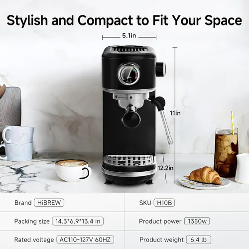 Miniatura 8 de HIBREW H10B - Cafetera de Espresso de 51mm - Temperatura y Volumen de Taza Ajustable a voluntad - Con Pantalla Inteligente y Medidor de Presión