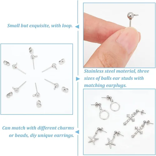 Miniatura 4 de PH PandaHall 300 aretes de bola, de acero inoxidable 304, con parte trasera de aretes de mariposa y anillos abiertos para hacer aretes de joyería