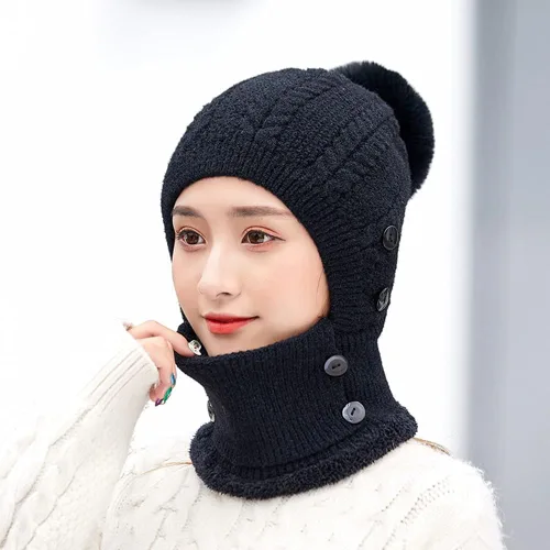Miniatura 7 de Gorro de punto con forro polar para mujer, bufanda de invierno para mujer, gorro cálido con pompón