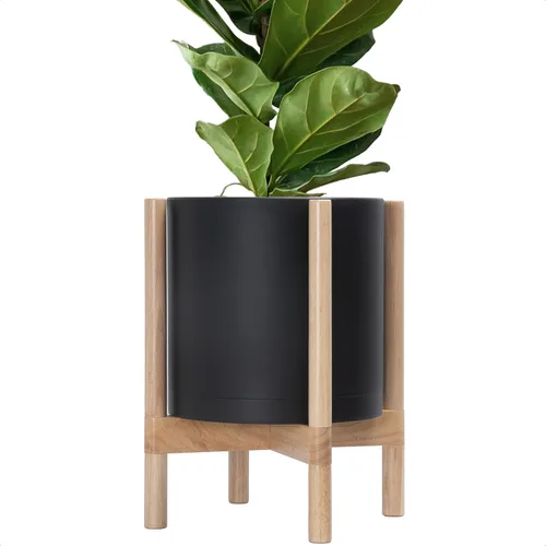 Miniatura 54 de Maceta de D'vine Dev con soporte - Maceta de flores de cilindro de plástico de 8.0 pulgadas con soporte de madera para interiores, maceta mate negra