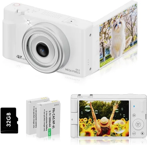 Cámara digital 4K para fotografía Cámara de vlogging de 64MP para video de YouTube 2.8 pulgadas, 270°, cámaras de viaje con zoom 16X con tarjeta de