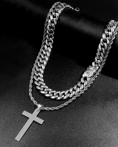 Miniatura 4 de 2 collares de cruz para hombres y mujeres, cadena de eslabones cubanos de plata dorada y negra para hombres, cadena de cuerda en capas, collar
