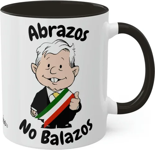 MEXICANDOO AMLO - Taza de café Abrazos No Balazos con diseño de dibujos animados divertidos Muñeco AMLITO, taza de cerámica blanca brillante con