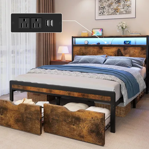 Miniatura 10 de FAVOOSTY Base de cama de tamaño matrimonial con cabecera de 2 niveles, plataforma de metal con 2 cajones de almacenamiento, luces LED y estación