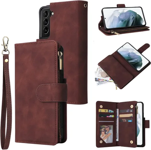 Miniatura 19 de UEEBAI Funda tipo cartera para Samsung Galaxy S22 Ultra 5G, piel sintética con cierre magnético, bolsillo con cremallera, ranuras para tarjetas