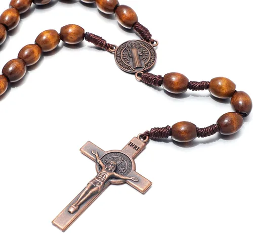 Miniatura 2 de KOMI Rosarios católicos de madera hechos a mano, collar de cuentas de rosario de madera de Belén, medalla de suelo santo y cruz de metal para regalo