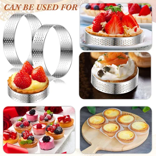 Miniatura 5 de Mumufy 20 anillos de tarta perforados redondos de acero inoxidable para hornear, anillos redondos de metal antiadherentes para pastelería, postre