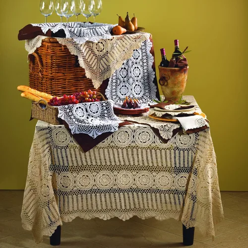 Miniatura 3 de Fennco Styles Cluny Collection Mantel de algodón con encaje de ganchillo hecho a mano, cuadrado de 30 pulgadas, mantel color crudo para bodas