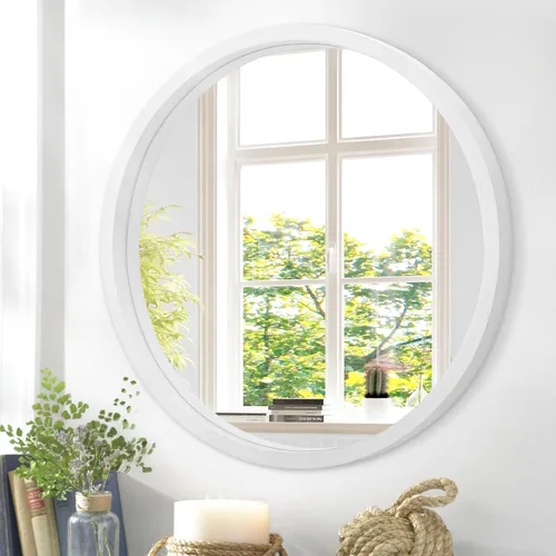 Miniatura 12 de JJUUYOU Espejo circular redondo blanco pequeño para tocador de baño, círculo de pared para marco de madera, espejos de maquillaje para entrada, sala