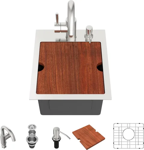 Miniatura 29 de Lordear - Fregadero de barra – Fregadero de barra dorado de 13 x 15 pulgadas con grifo dispensador de jabón, estación de trabajo, calibre 16 T304