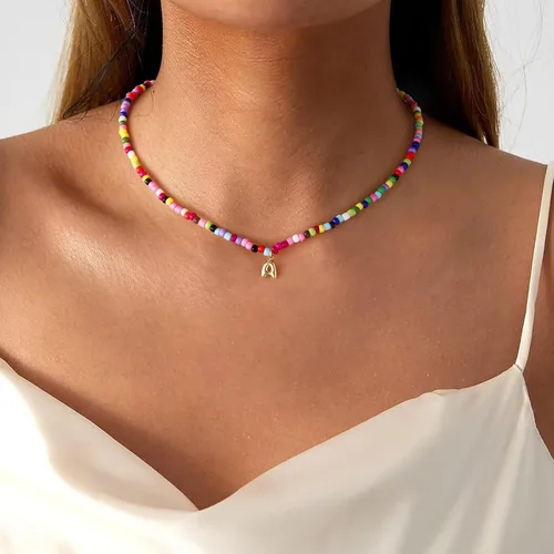 Miniatura 2 de M MOOHAM Collares con iniciales de cuentas coloridas para niñas, mujeres y niños, lindo collar de letras bohemias con cuentas delicadas, joyería