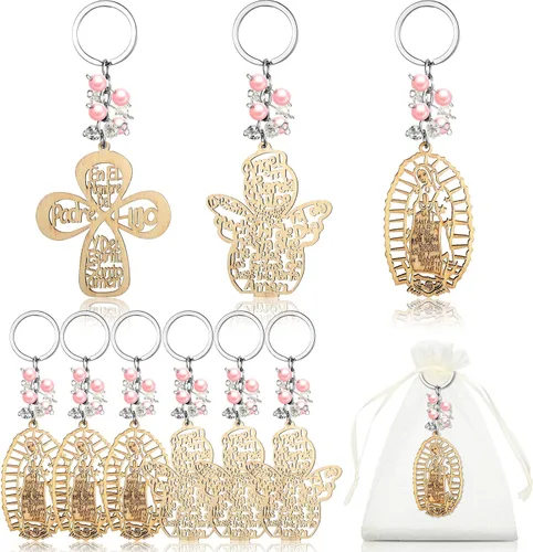 Miniatura 8 de Hicarer Llavero de bautismo cristiano, 18 unidades, perlas de recuerdos de bautizo, llavero de madera con bolsas de organza para bautismo