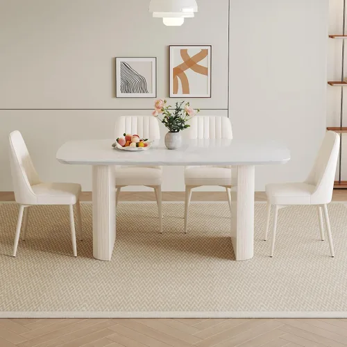 Miniatura 8 de Juego de mesa de comedor blanca para 4, juego de mesa de comedor de mármol de 67 pulgadas con mesa ovalada blanca crema de 3.5 pulgadas de grosor