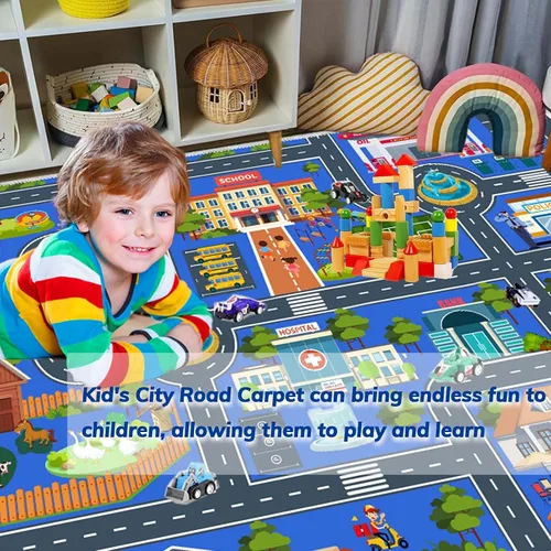 Miniatura 7 de Alfombra de coche de carretera para niños, 31 x 47 pulgadas, alfombra de pista de carreras de ciudad, alfombra de carreras para niños, alfombra