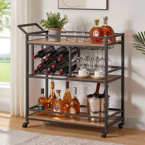 Miniatura 2 de FATORRI Carrito de bar para el hogar, carritos de vino rodantes sobre ruedas con estantes de madera de 3 niveles, carrito de bebidas de licor