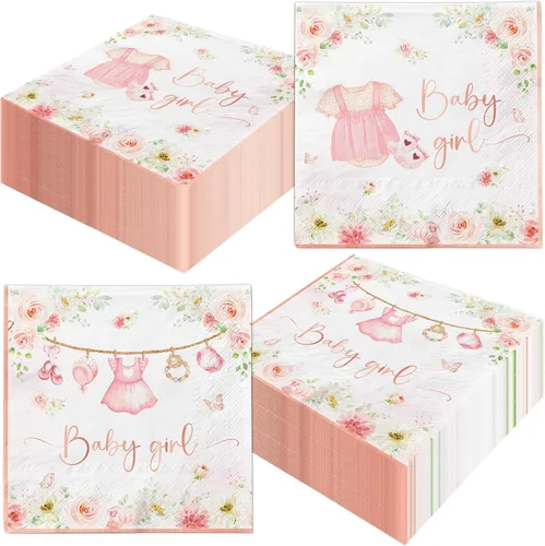 40 servilletas decorativas para baby shower, decoración floral para baby shower, flores rosas, servilletas de papel para baby shower, revelación de
