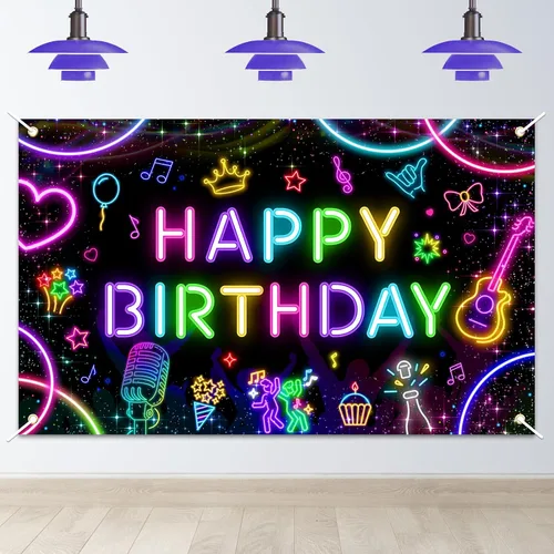 Mocsicka Pancarta de fondo de neón de cumpleaños que brilla en la oscuridad, decoración de fiesta de cumpleaños, fondo de fotos (6 x 3.6 pies)