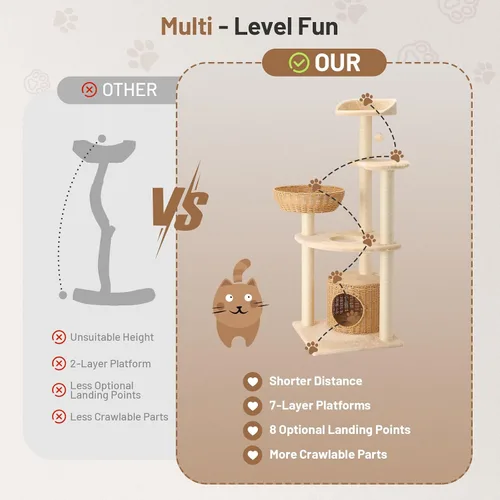 Miniatura 5 de Moderno árbol de ratán para gatos, torre de escalada alta y resistente con poste rascador, cesta, cama y soporte para gatos adultos grandes