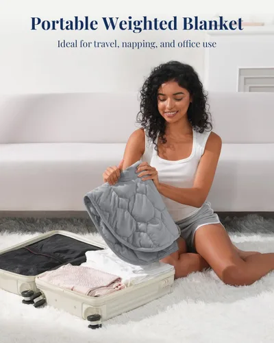 Miniatura 5 de Kivik Manta con peso para viajes, 5 libras, manta de regazo con peso de 29 x 33 pulgadas, cobertura de cuerpo completo y ligera, almohadilla de Gris