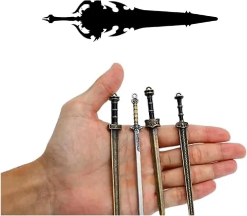 Miniatura 3 de Juego de 4 llaveros de katana mini, llavero chino de metal antiguo con hoja extraíble, abrecartas, adornos coleccionables