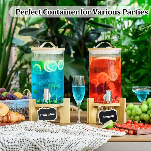 Miniatura 9 de Dispensador de bebidas de vidrio grande de 1.2 galones para fiestas, dispensador de bebidas con soporte de madera de bambú y grifo de acero