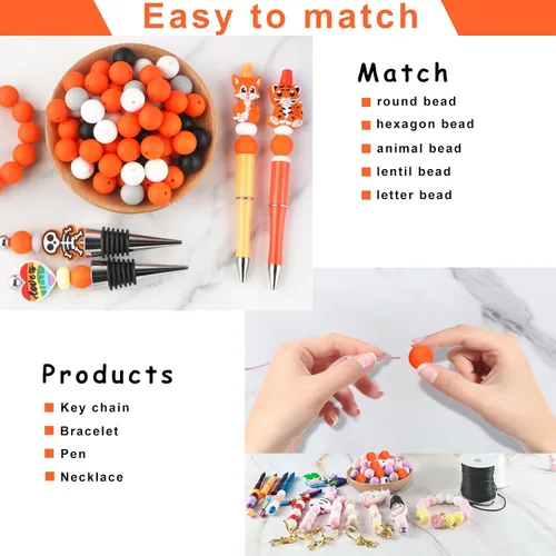 Miniatura 5 de Sunrony 70 cuentas de silicona para hacer collares, cuentas redondas de silicona a granel de 0.591 in para bolígrafos (naranja)