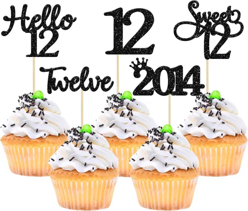 Miniatura 29 de Gyufise Paquete de 24 adornos negros para cupcakes de 10.º cumpleaños con purpurina negra 10 Ten Hello 10 Dights dobles desde 2015 para decoraciones