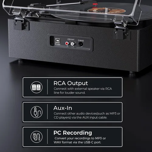 Miniatura 5 de Tocadiscos de vinilo Bluetooth, reproductor LP de 3 velocidades con altavoces, reproductor de discos retro para discos de vinilo, salida RCA AUX