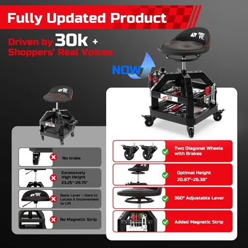 Miniatura 2 de Rolling Shop Taburete para garaje con ruedas, DO02 - Asiento giratorio de 360° de altura ajustable con almacenamiento de bandeja de herramientas